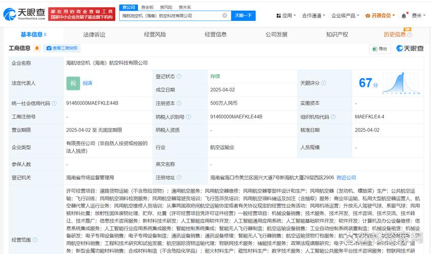【#海航航空在海南成立地空机航空科技公司# 含多项ai业务】 天眼查ap